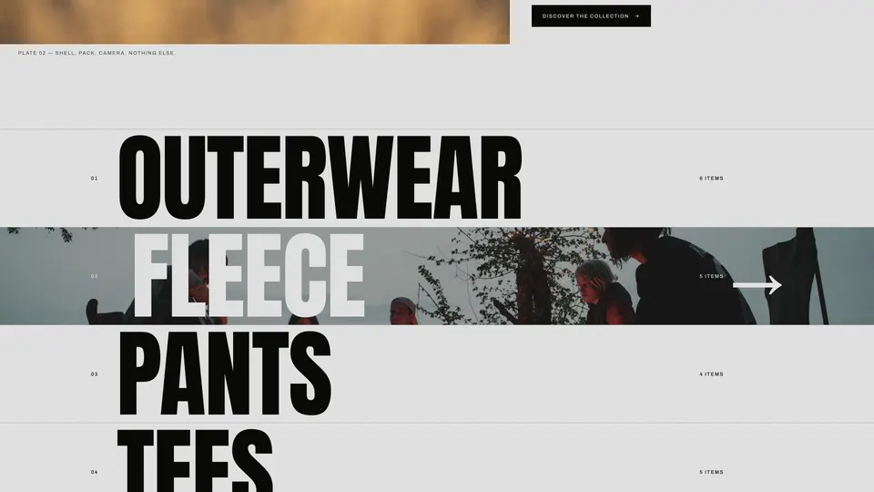 Category list in oversized type: Outerwear, Fleece, Pants, Tees, Accessories