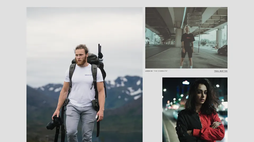 Lookbook spread with three portraits in outdoor clothing