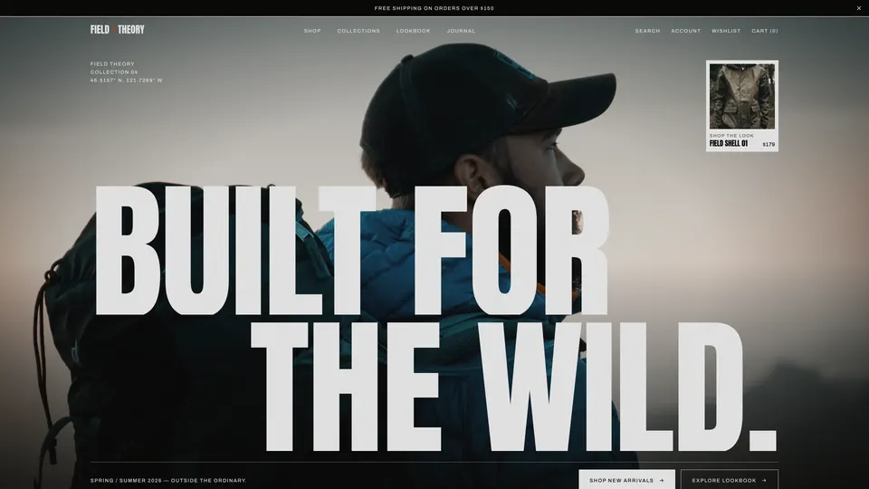 FIELD / THEORY hero: Built for the wild in huge condensed type over a portrait of a hiker