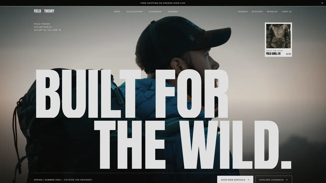 FIELD / THEORY hero: Built for the wild in huge condensed type over a portrait of a hiker
