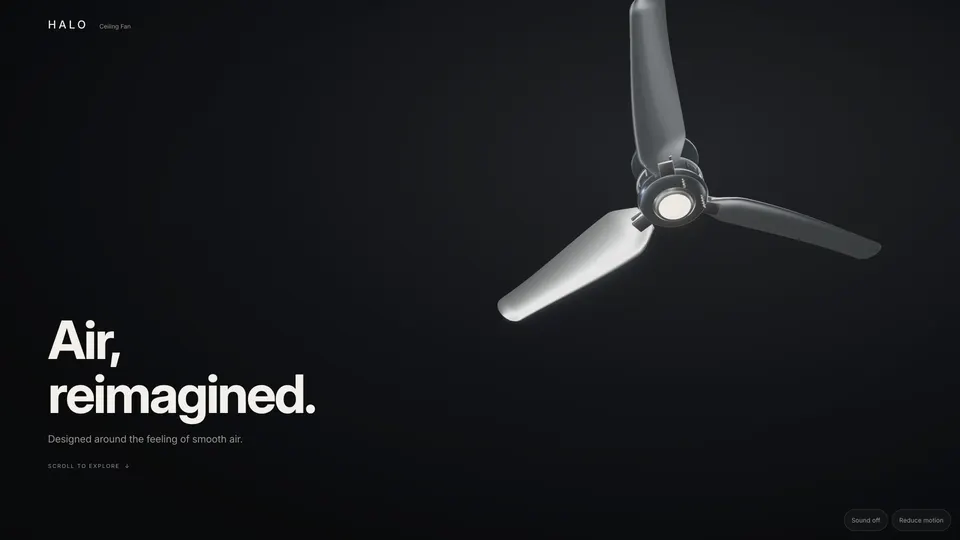 Halo hero: a three-blade ceiling fan lit from below beside the headline Air, reimagined