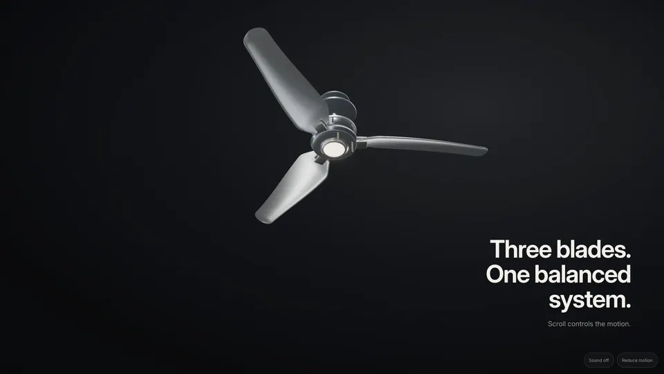 The fan seen from below with the line Three blades. One balanced system.
