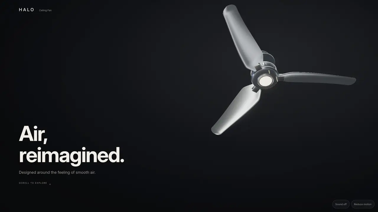 Halo hero: a three-blade ceiling fan lit from below beside the headline Air, reimagined