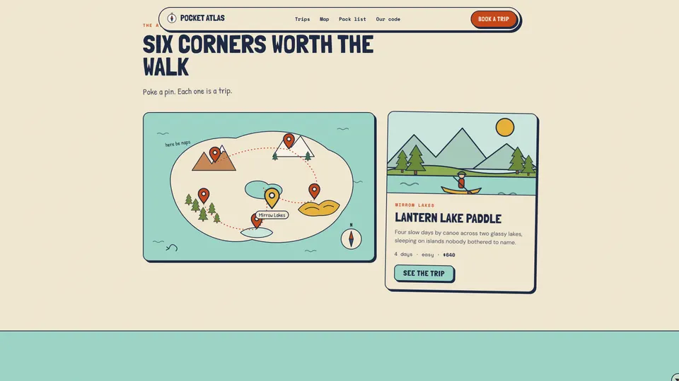 An illustrated island map with six pins beside a card for the Lantern Lake Paddle trip