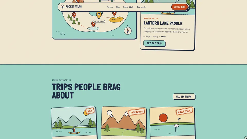 Trips people brag about: three tilted trip cards with stamps reading New, Few spots and Guide pick