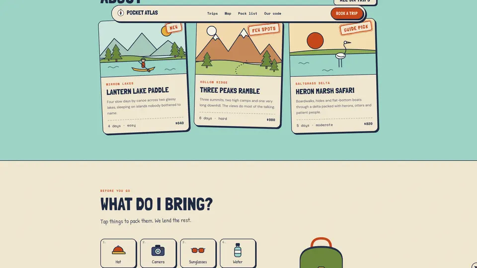 Close view of the trip cards for Lantern Lake Paddle, Three Peaks Ramble and Heron Marsh Safari