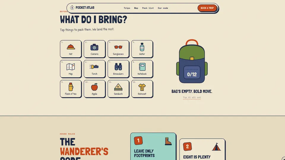 What do I bring: twelve packable items beside a backpack with a counter