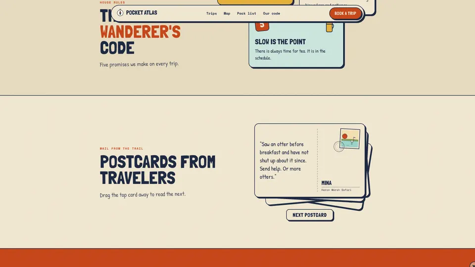Postcards from travelers: a stack of postcards with a Next postcard button