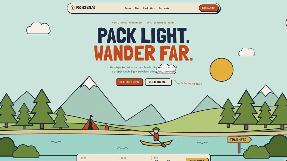 Pocket Atlas hero: Pack light. Wander far. over an illustrated lake with pines, mountains and a canoeist