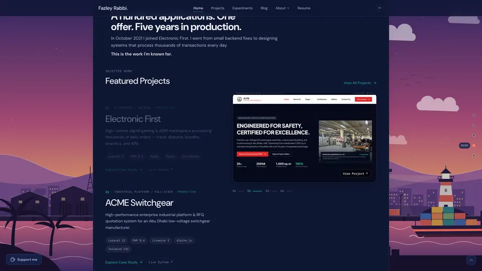 A project case study with an interface screenshot at dusk