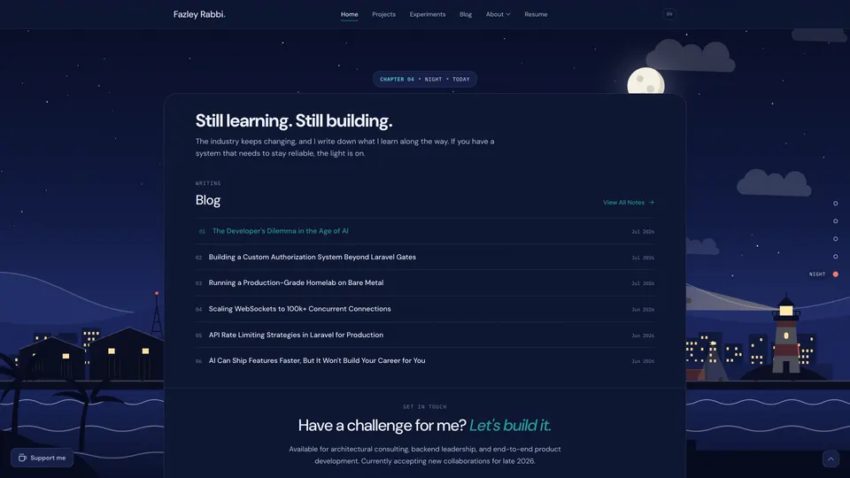Night chapter: the blog list and contact prompt over a starlit harbour