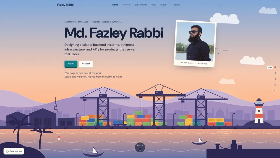 Portfolio hero at dawn: an illustrated port with cranes, containers and a lighthouse under a pink sky