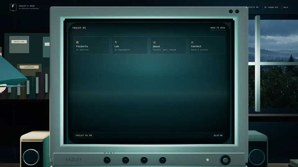 Camera pushed into the CRT screen showing the Fazley OS menu
