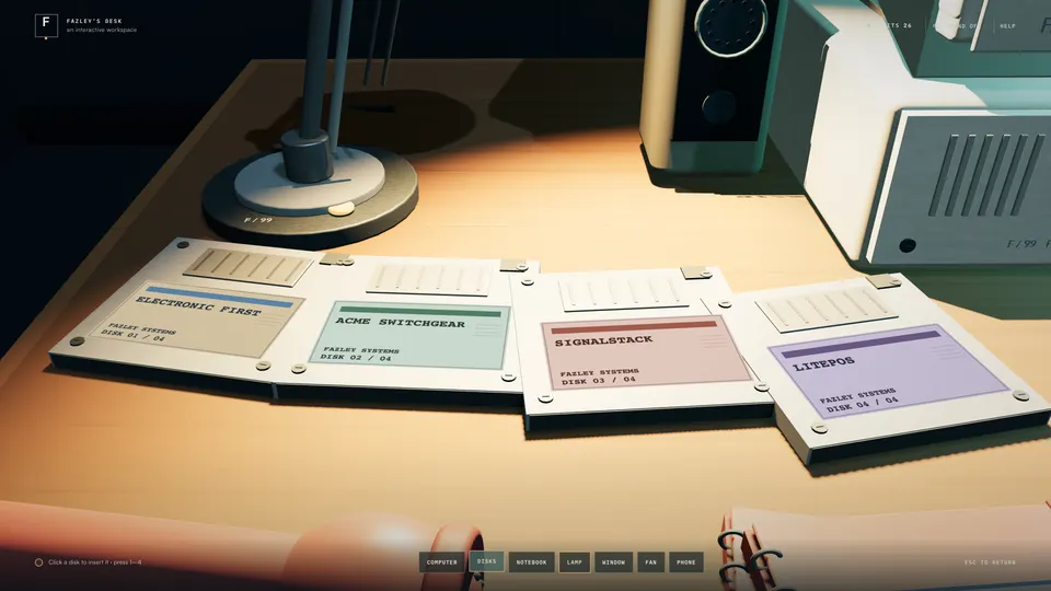 Four labelled floppy disks under the desk lamp