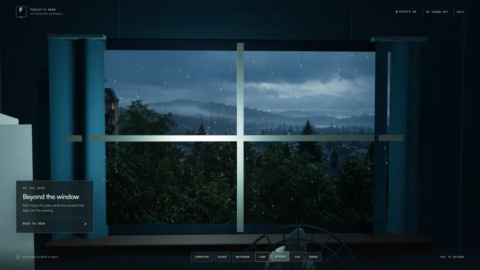 The window with rain running down the glass over wooded hills
