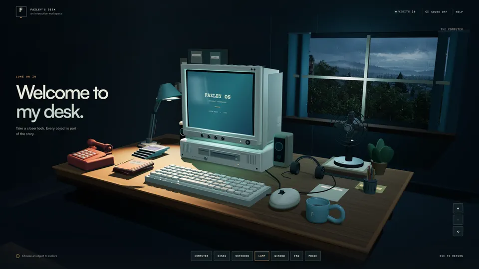 A lamp-lit desk at night with a CRT computer, keyboard, phone and fan, rain on the window behind