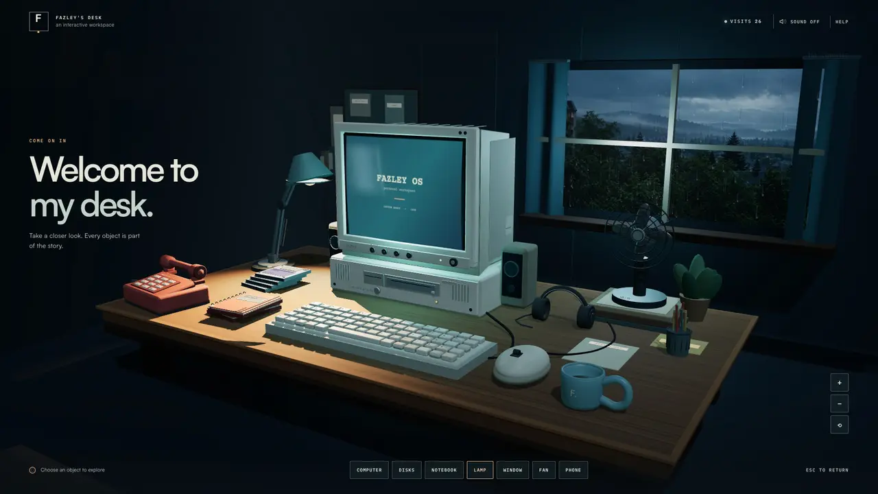 A lamp-lit desk at night with a CRT computer, keyboard, phone and fan, rain on the window behind