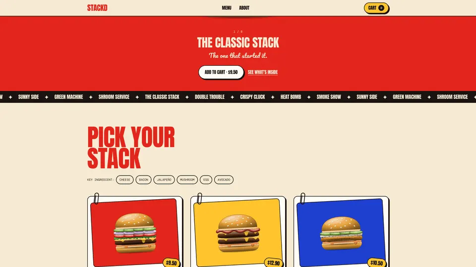 Menu cards tilted like paper tickets, each with a burger on a different colour