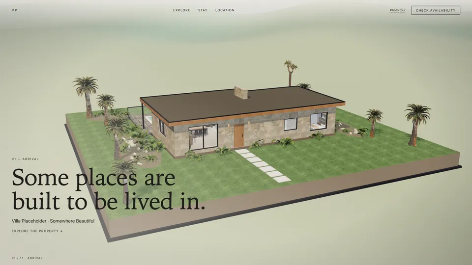 Arrival view of a low stone villa with palms on a green plot